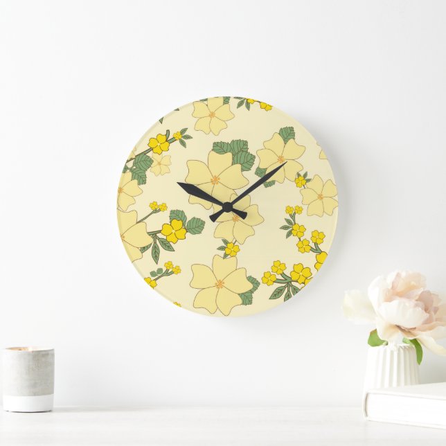 Yellow Flowers, Floral Pattern, Pattern Of Flowers Large Clock (Home)