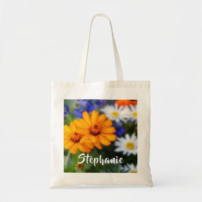Yellow Flowers Floral with Personalised Name Tote Bag (Front)