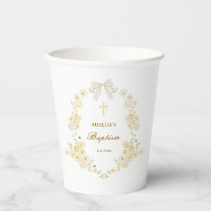 Yellow Flowers Frame Bow Baptism Paper Cups