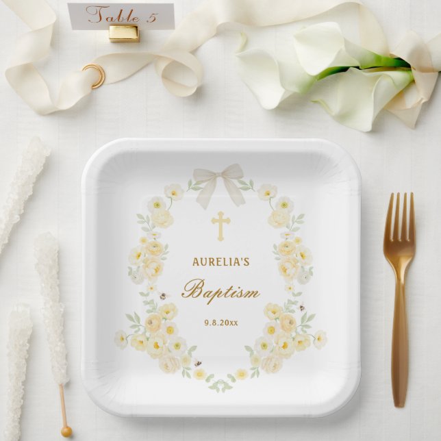 Yellow Flowers Frame Bow Baptism Paper Plate (Wedding)
