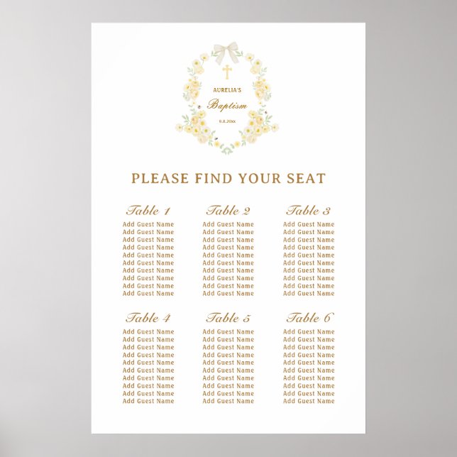 Yellow Flowers Frame Bow Baptism Seating Chart (Front)