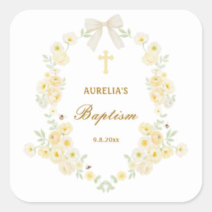 Yellow Flowers Frame Bow Baptism Square Sticker