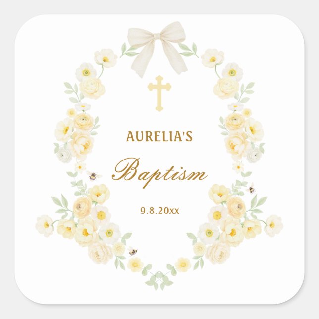 Yellow Flowers Frame Bow Baptism Square Sticker (Front)