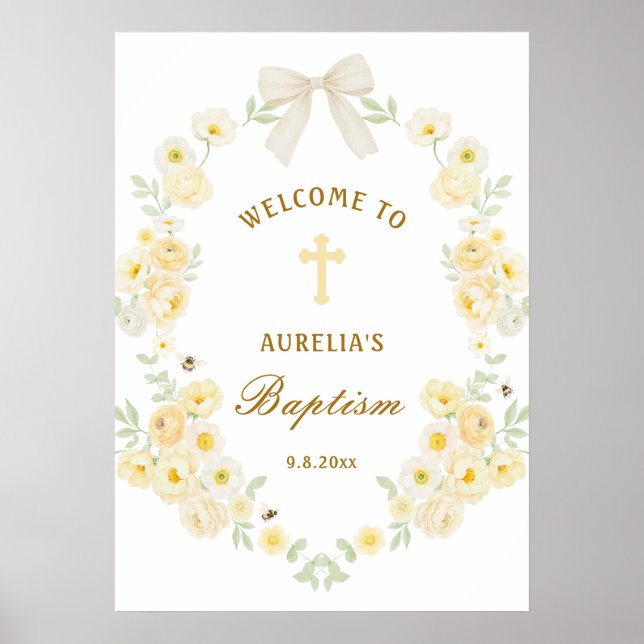 Yellow Flowers Frame Bow Baptism Welcome Poster (Front)
