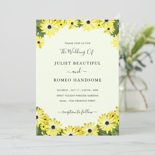 Yellow Flowers Frame Wedding Invitations Example (Standing Front)