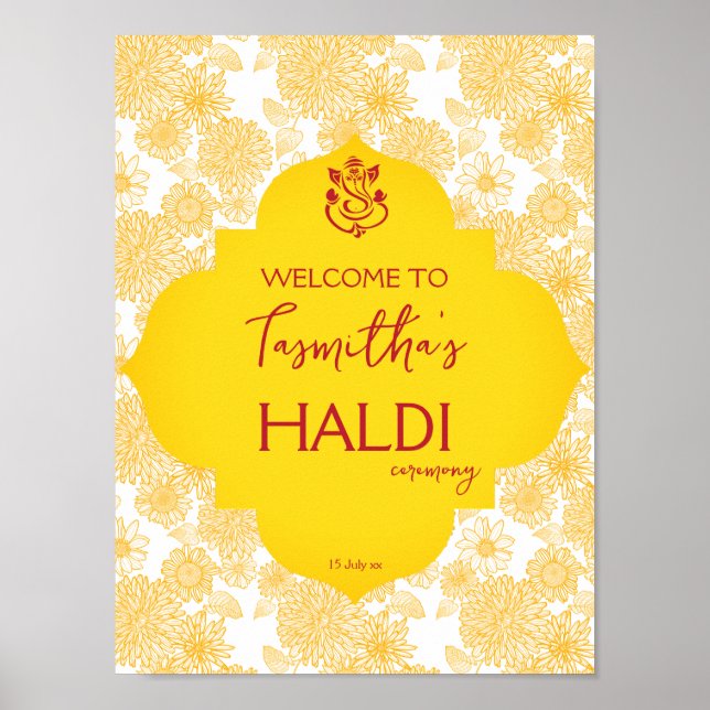 Yellow flowers girl's haldi welcome sign (Front)