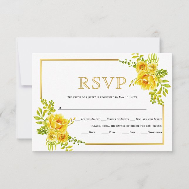 Yellow flowers, gold frame wedding RSVP card (Front)
