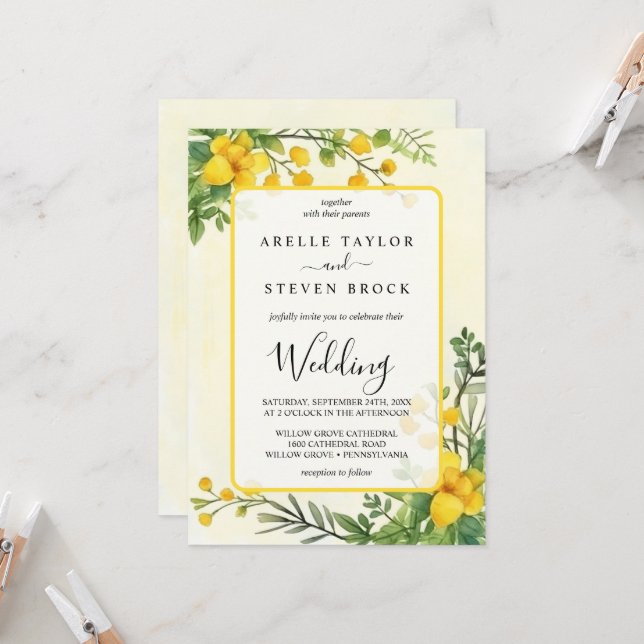 Yellow flowers greenery transparency frame wedding invitation (Front/Back In Situ)