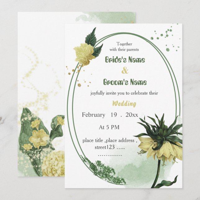yellow flowers greenery wedding invitation (Front/Back)