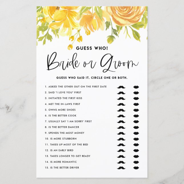 Yellow Flowers He Said She Said Shower Game (Front)