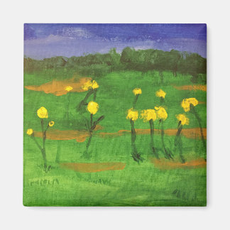 yellow flowers in field painting by jamie magnet