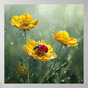 🐞 Yellow Flowers Ladybug Nature Scene 🐞 Poster