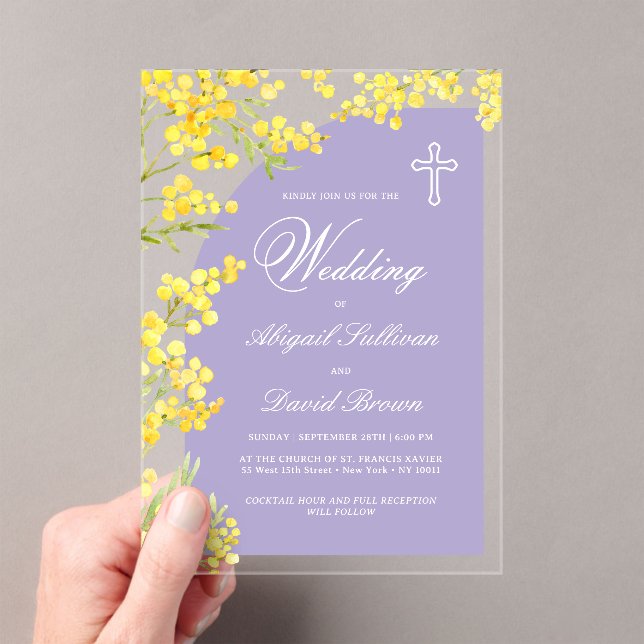 Yellow Flowers Lavender Arch Religious Wedding Acrylic Invitations (Insitu (Handheld))