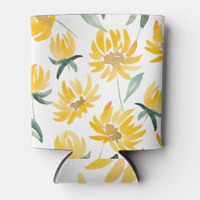 Yellow Flowers Leaf Summer Pattern Can Cooler (Front)