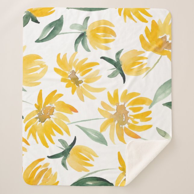 Yellow Flowers Leaf Summer Pattern Sherpa Blanket (Front)