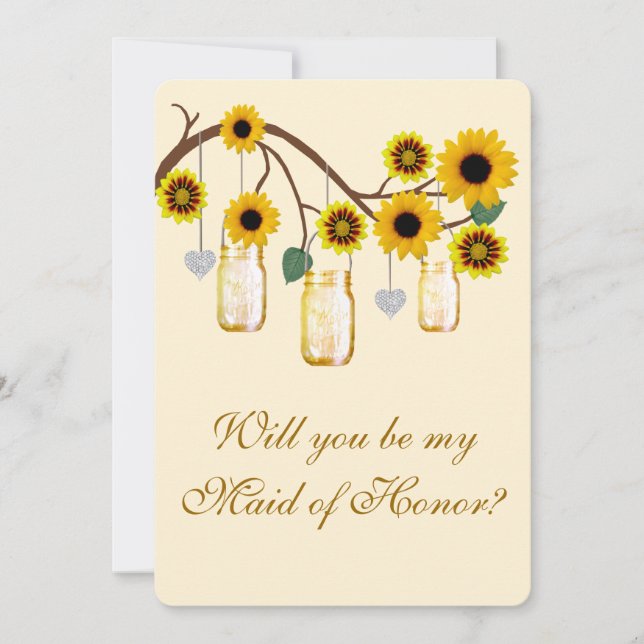 Yellow Flowers Mason Jars Maid Of Honour Card (Front)