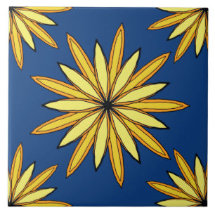 Yellow flowers on a Navy Blue background Ceramic Tile