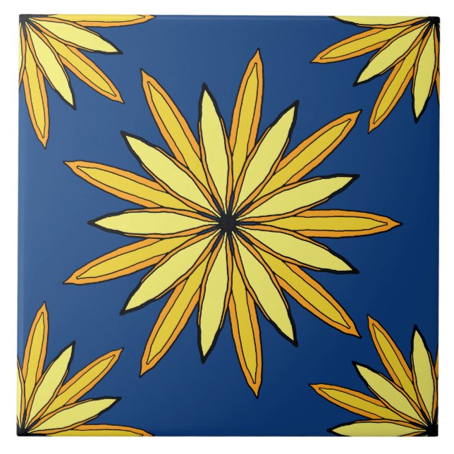 Yellow flowers on a Navy Blue background Ceramic Tile (Front)