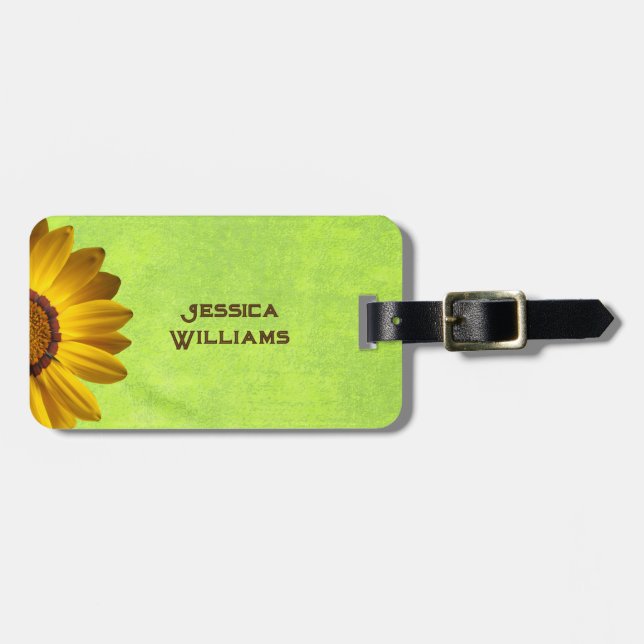 Yellow Flowers on Abstract Green Monogram Luggage Tag (Front Horizontal)