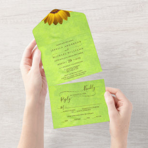 Yellow Flowers on Abstract Green Wedding All In One Invitation