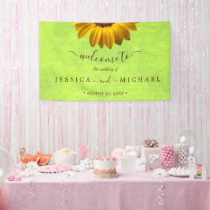 Yellow Flowers on Abstract Green Wedding Banner