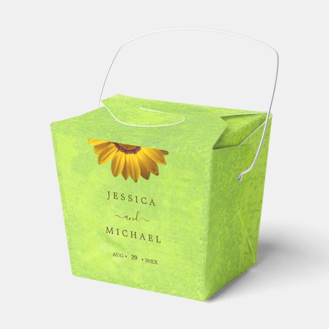 Yellow Flowers on Abstract Green Wedding Favour Box (Front Side)