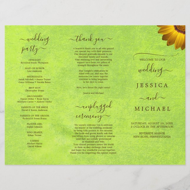 Yellow Flowers on Abstract Green Wedding Flyer (Front)