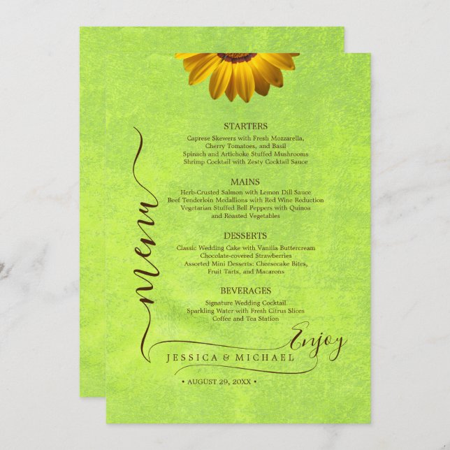 Yellow Flowers on Abstract Green Wedding Menu (Front/Back)