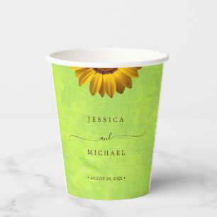 Yellow Flowers on Abstract Green Wedding Paper Cups