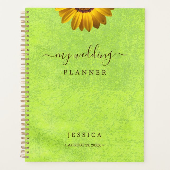 Yellow Flowers on Abstract Green Wedding Planner (Front)