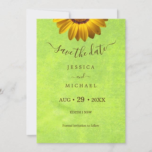 Yellow Flowers on Abstract Green Wedding Save The Date (Front)