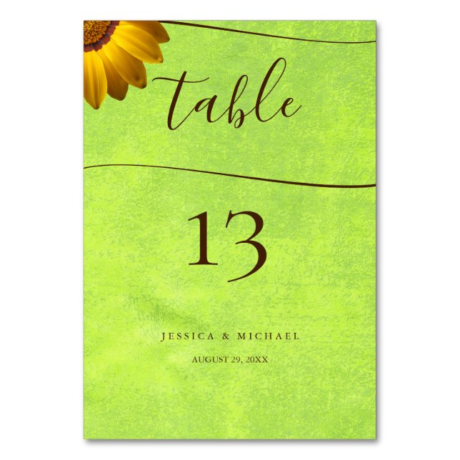 Yellow Flowers on Abstract Green Wedding Table Number (Front)