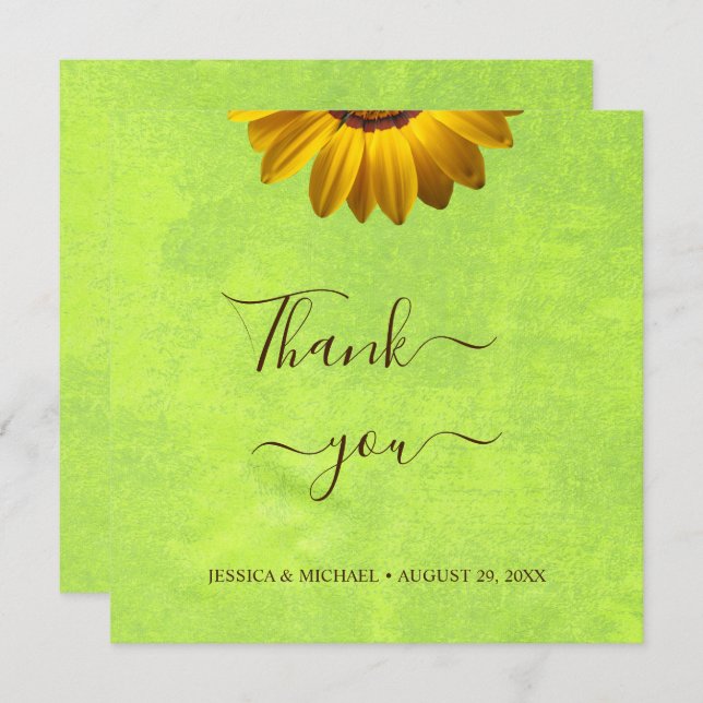 Yellow Flowers on Abstract Green Wedding Thank You Card (Front/Back)