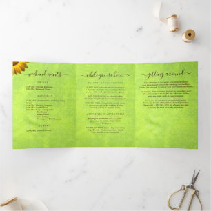 Yellow Flowers on Abstract Green Wedding Tri-Fold Programme