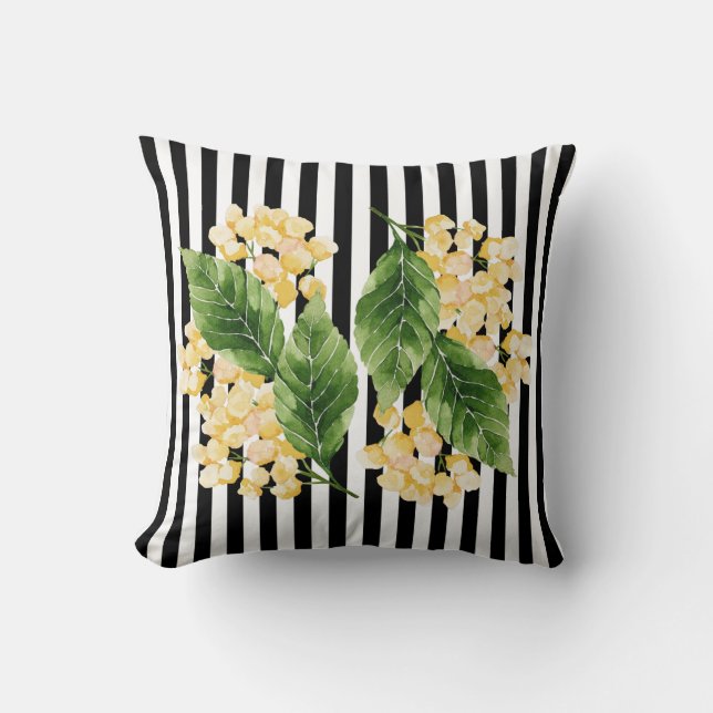 Yellow flowers on black and white stripes cushion (Front)
