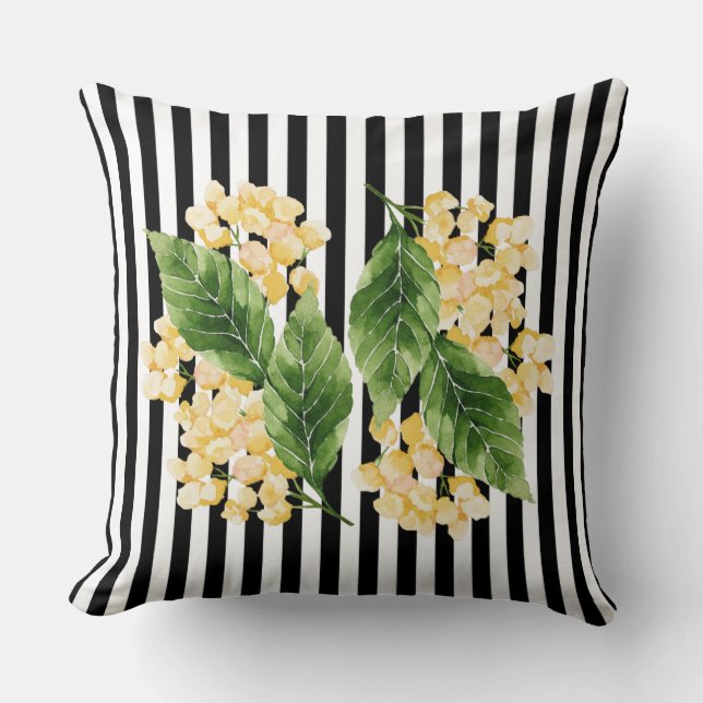 Yellow flowers on black and white stripes cushion (Front)