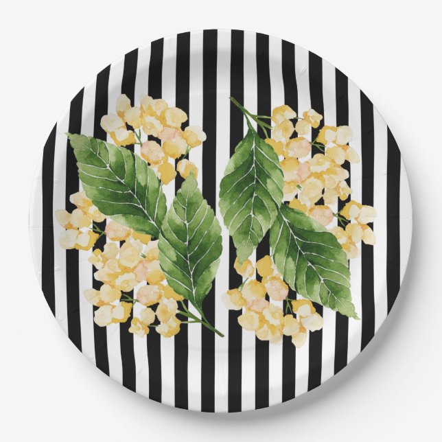 Yellow flowers on black and white stripes paper plate (Front)