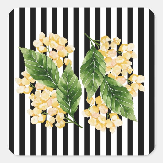 Yellow flowers on black and white stripes square sticker (Front)