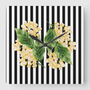 Yellow flowers on black and white stripes square wall clock