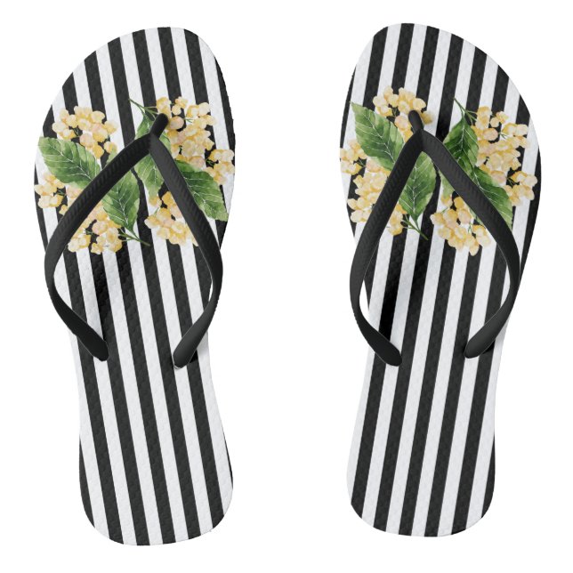 Yellow flowers on black and white stripes thongs (Footbed)