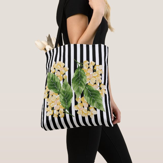 Yellow flowers on black and white stripes tote bag (Close Up)