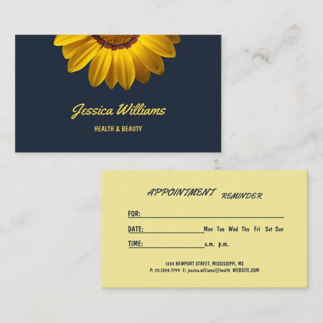 Yellow Flowers on Navy Blue background Monogram Appointment Card (Front/Back)