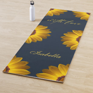 Yellow Flowers on Navy Blue background Monogram  Yoga Mat