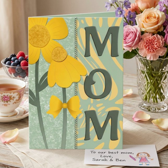 Yellow Flowers On Sage Green Mothers Greeting Card (Bright sunny yellow flowers for a cheerful mother's day greeting or personal message.)