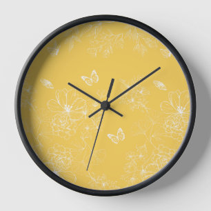 Yellow Flowers Pattern, Floral, Minimalist Clock