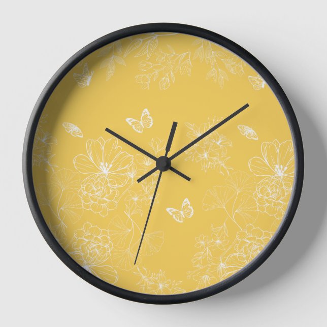 Yellow Flowers Pattern, Floral, Minimalist Clock (Front)