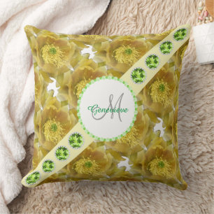 Yellow Flowers Pattern, Green Gemstones & Pearls Cushion