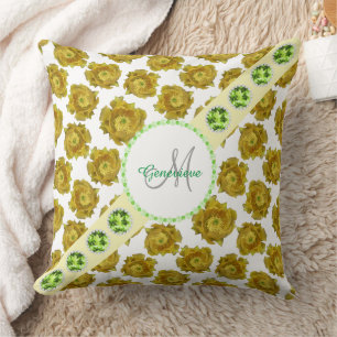 Yellow Flowers Pattern, Green Gemstones & Pearls Cushion