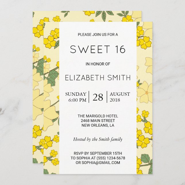 Yellow Flowers, Pattern Of Flowers, Sweet 16 Invitation (Front/Back)