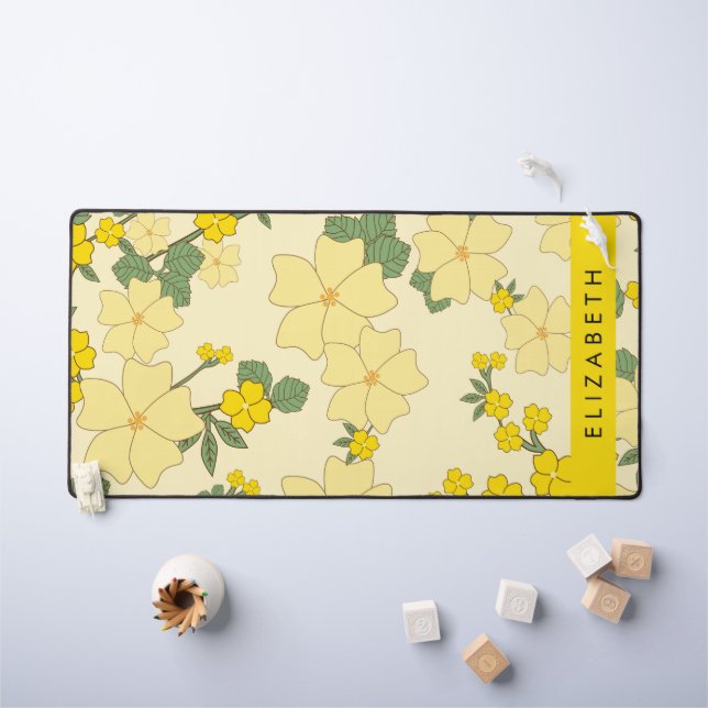 Yellow Flowers, Pattern Of Flowers, Your Name Desk Mat (Kids Table)